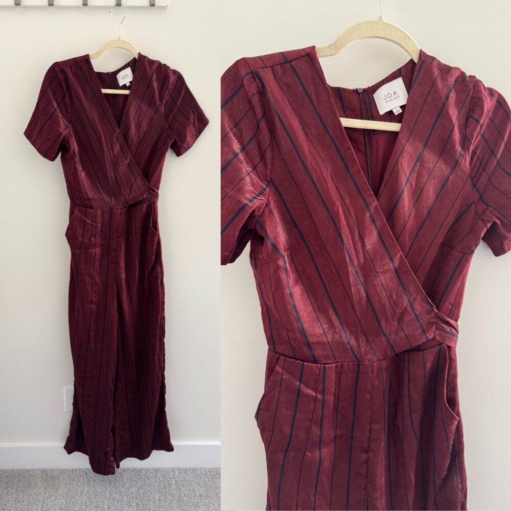 Anthropologie J.O.A Silky Wide Leg Jumpsuit Maroon Striped Size Small